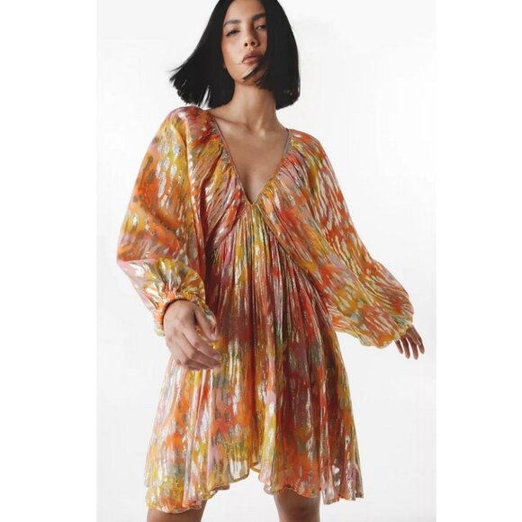 Nasty Gal NWT Metallic Blurred Floral Volume Sleeve Mini Dress Womens Size 6 - Picture 1 of 14